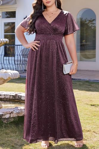 Image of Talisea Plus Size Formal Dresses - V Neck Flutter Sleeve Glitter Prom Evening Gowns Wedding Guest Chiffon Long Maxi Dress