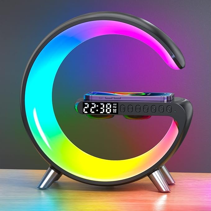 VDZZ Smart LED Table Lamp 4-in-1 Wireless Charger with Speaker Night Light Alarm Clock and Bluetooth Speaker with App Control for Bedroom and Home Decor (Black Large)