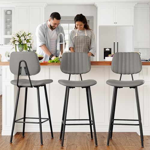 Image of Raynesys 29-Inch Leather Bar Stools Set of 4 with High Backrest, Grey