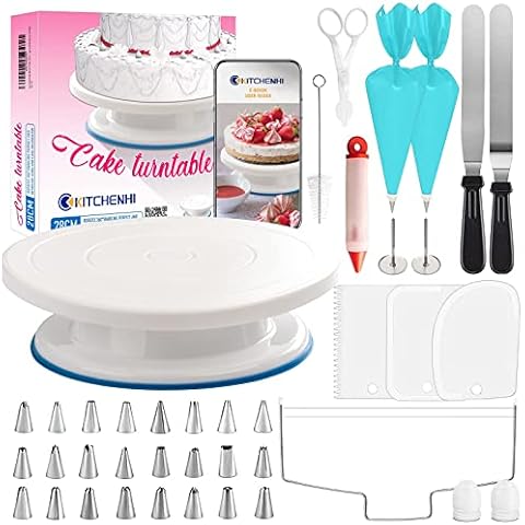 KITCHENHI 40 Stück Tortendekorationsset für Anfänger, mit Drehbarem 11-Zoll-Kunststoffkuchenteller und Einweg-Teigbeuteln/mit Nummerierten Tortendekorationsspitzen usw. (weiß) Cover