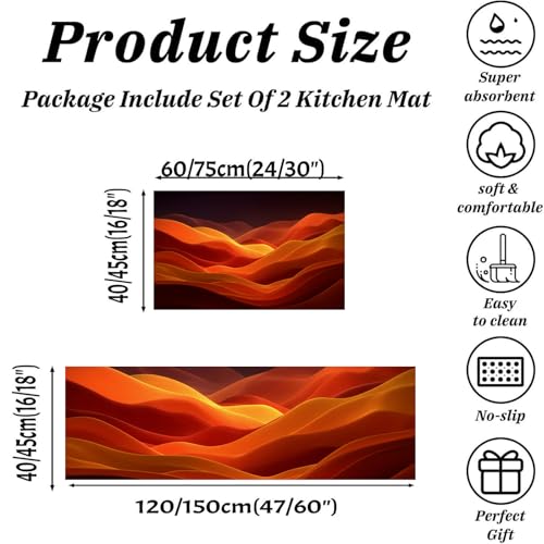 Tapis de cuisine lavables et antidérapants orange en lot de 2 pour la maison