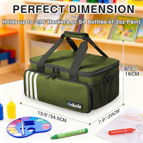 Image of ORKELS Paint and Marker Organizer, Acrylic Paint Storage Bag with Brush and Bottle Holders, Large Marker Carrying Case for Artists, Up to 216 markers or 54 bottles of 2oz acrylic paint (Green)