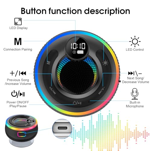 Image of Bluetooth Speaker, Shower Speaker Stereo Sound, IPX7 Waterproof Speakers, Digital Display Portable Speaker with Suction Cup, LED Light, Small Wireless Speakers for Outdoor Party Beach Bathroom, Black