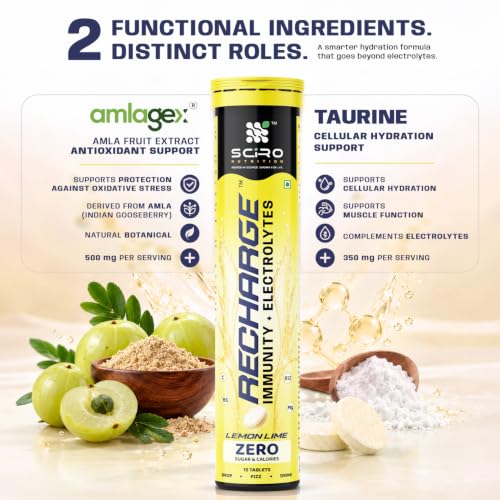 Image of SCIRO Recharge Electrolyte Tablets Zero Sugar | Instant Hydration & Energy Drink with Electrolytes | Sports Performance & Recovery | Vitamin C, E, B6 & B12 | Lemon Flavour | 15 Effervescent Tablets
