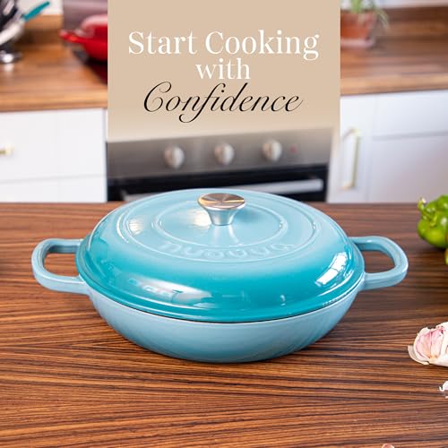 Shallow Cast Iron Casserole with Lid – Non Stick Dutch Oven Pot, Oven Safe up to 500° F – Sturdy Ovenproof Stockpot Cookware – Enamelled Cooking Pot – Blue, 5-Quart, 32cm – by Nuovva