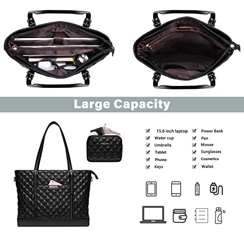 MOSISO Laptop Tote Bag for Women, 15.6 inch Briefcase Computer Bag Compatible with MacBook, HP, Dell, Asus Notebook, 16 inch Large Capacity Rhombus Quilted Leather Laptop Bag with Small Purse, Black2