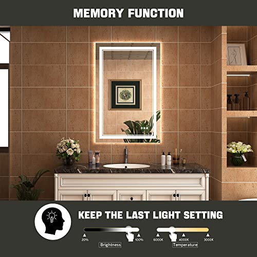 Queenfun 24X36 Led Bathroom Mirror With Light,Front And Backlit 3 Color Smart Mirror Bathroom,Ul Square Double Light Strips Led Mirror,Anti-Fog,Memory&Stepless Dimming Wall Mirror For Home Decor #TOP6