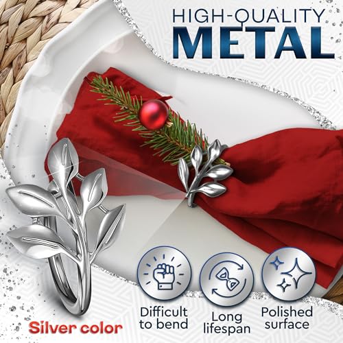 Image of Set of 20 Silver Easter Napkin Rings - Decorative Silver Napkin Rings Set | Napkin Ring Holders with Elegant Leaf Design for Weddings, Parties & Special Occasions, Festive Easter Holiday Table Decor