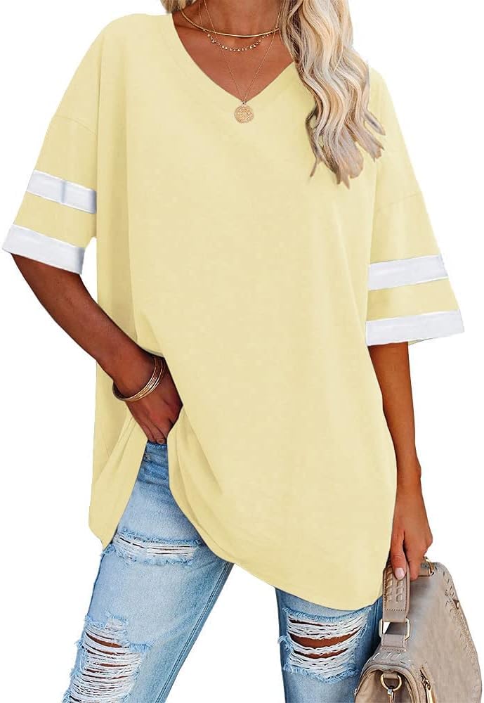 Ebifin Oversize T Shirt mit V-Ausschnitt Damen Kurzärmeliges Casual Lockere Basic Sommer Tee Shirts Bluse.Beige.M
