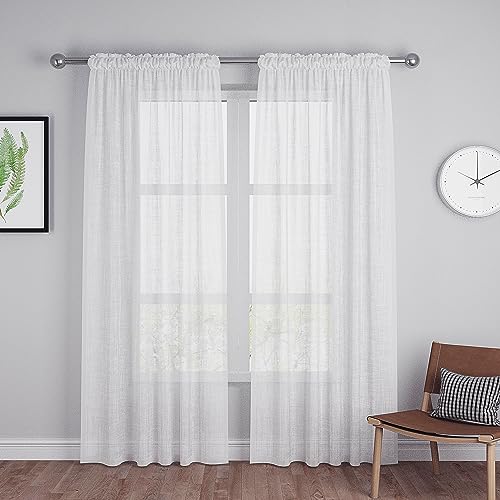 White Sheer Curtains 80 inches Long Living Room Kitchen Dining Sliding Glass Door Curtain Sheers Basement 2 Panels Voile Transparent Bedroom Drapes Linen Textured Rod Pocket Window Treatment Set