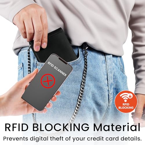 Image of Genuine Leather Wallet for Men with Chain: RFID Blocking Men's Wallet with Anti-Theft Chain - Biker Wallets with 2 ID Card Window Holds 12+ Cards - Minimalist Wallets for Motorcycle Riding Hiking