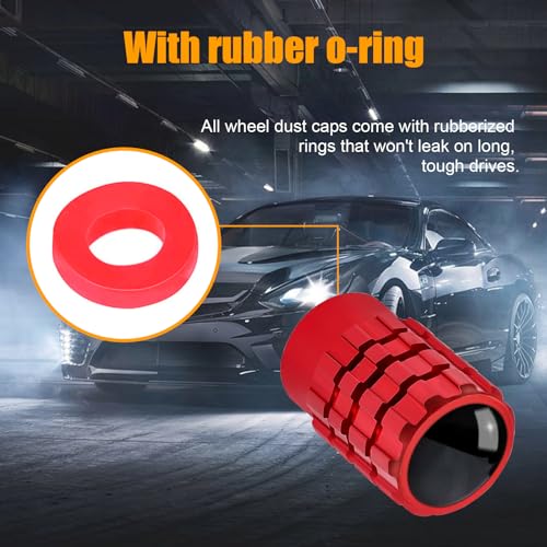 Dickno 4 PCS Tire Valve Stem Caps, Leakproof Car Tire Air Valve Stem Covers with Rubber Ring, Corrosion Resistant Auto Tire Valve Stem Cap Cover, Universal Vehicle Accessories (Red, Normal)