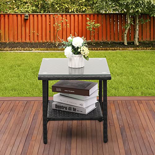 Outdoor Wicker Glass Top Side Table Patio Balcony Deck Pool Square