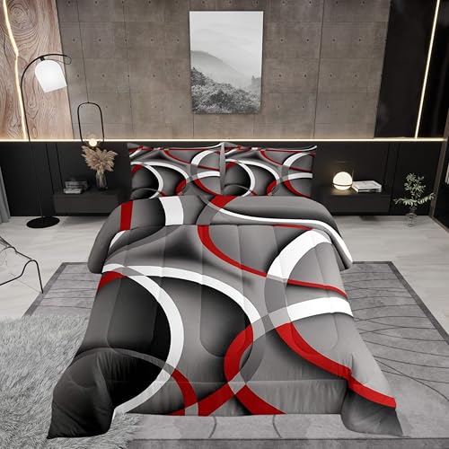 Stripes Comforter Set Queen Kids Teens Gray Black Red Swirls Room Decor Abstract Stripes Circle Bedding Set,Soft Lightweight Modern Simple Style Duvet,Youth Young Man Quilt,1 Comforter + 2 Pillowcase