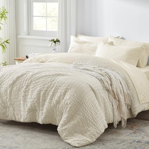 Image of Zzlpp Queen Comforter Set 7 Pieces, Pale Yellow Seersucker Bed in a Bag with Comforter, 2 Pillow Shams, 2 Pillowcases, 1 Flat Sheet, 1 Fitted Sheet