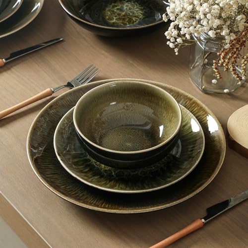 Image of Stone Lain Riley 24-Piece Dinnerware Set Stoneware, Plates and Bowls Set, Dishwasher and Microwave Safe, Dish Set for 8, Black and Green