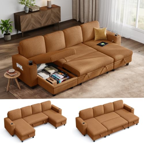 Image of LINSY HOME Modular Sectional Sofa Bed, U Shaped Sleeper Sofa Couch with Storage Chaise, Corduroy Sectional Couches for Living Room, Versatile Armrest, 4 Seats, Brown, 106 inch W x 55 inch D x 34 inch H