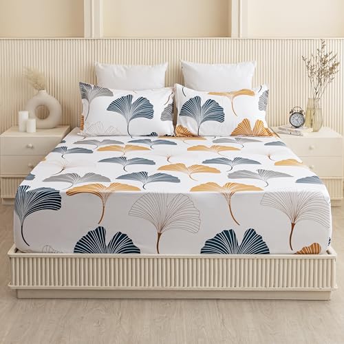 HOMEMONDE 100% Cotton Fitted Bed Sheet for Queen Size Bed, Ginkgo Leaf Printed All Around Elastic Bedsheet 72 x72 Inch with 2 Pillow Cover | Perfect for Home Decor & Gifting