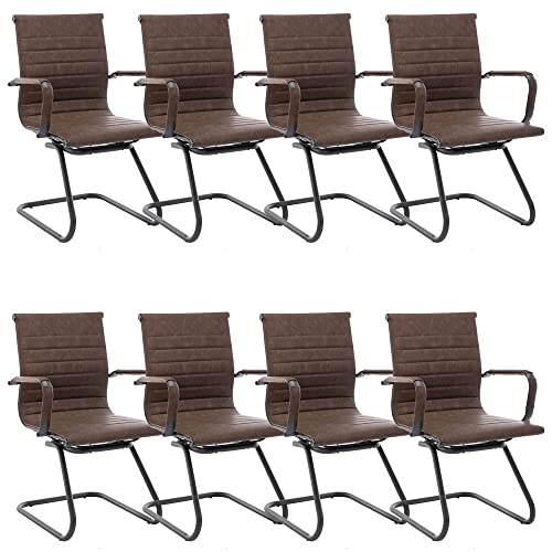 Image of Office Desk Chair No Wheels Set of 8 PU Leather Computer Chairs Mid Back Guest Chairs for School Reception Conference Waiting Room, Vintage Brown