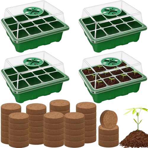 Halatool 4 Stück Zimmergewächshaus Anzuchtkasten-50 Kokos Quelltabletten,48 Zellen Mini Gewächshaus Anzucht für den Anbau von Pflanzensamen Sämling Pflanze(grün)