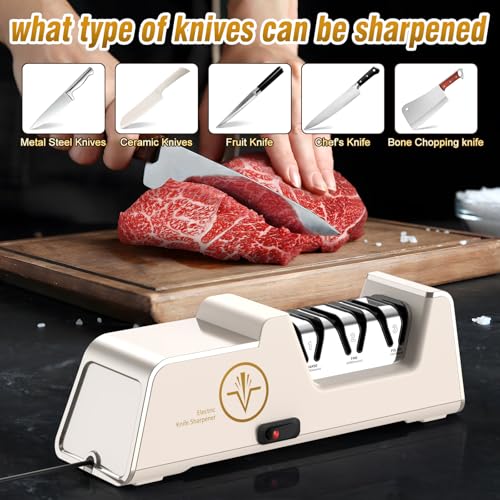 Image of VIDOME Electric Knife Sharpener, Champagne Gold & White | 100% Diamond Abrasives, 3-Stage Precision Angle Guides, For Kitchen Straight Edge Knives, For Ceramic Knives, Professional