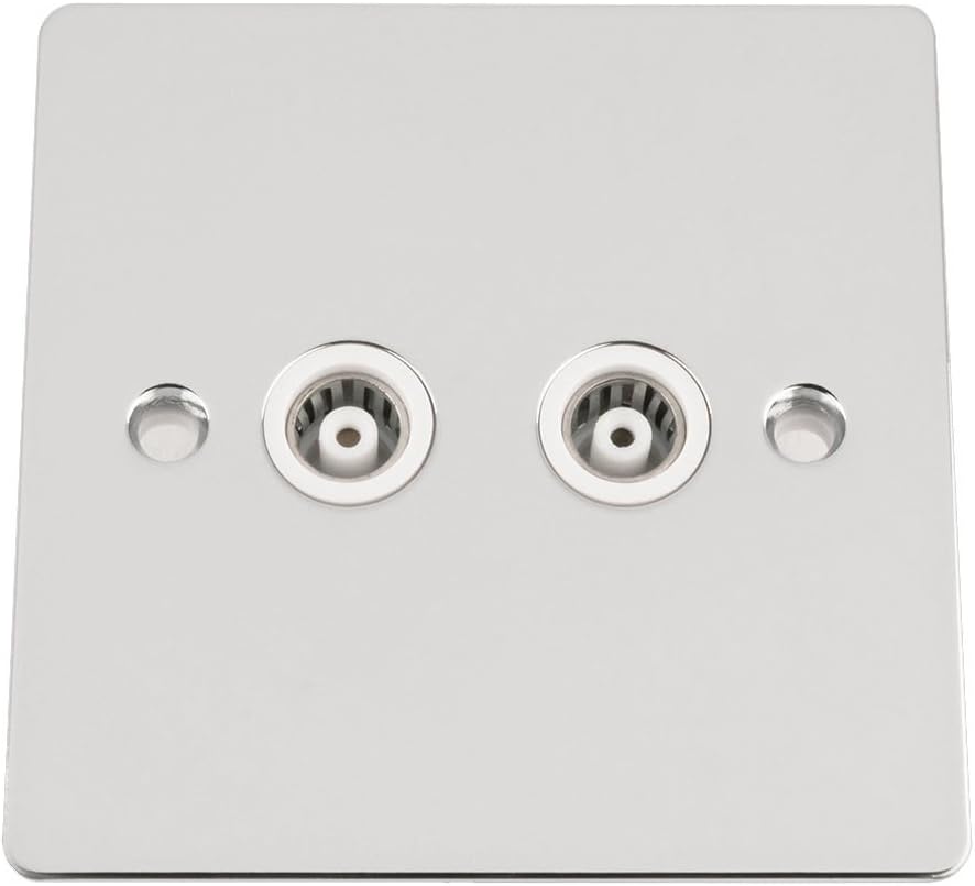 TV Coaxial Aerial Socket Double 2 Gang - Polished Chrome Flat - White Insert