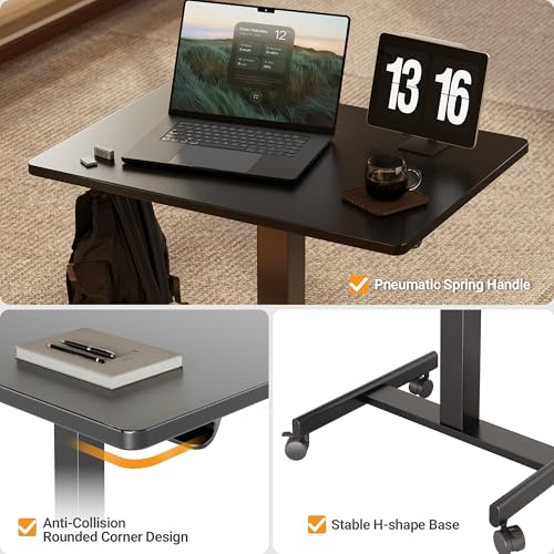 Image of YDN Mobile Mobile Standing Desk, Adjustable Height Portable Laptop Desk with Lockable Wheels, 25.5 inch x 18.8 inch Rolling Desk with Hook for Computer Workstation, Black