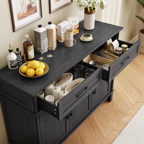 Image of ONBRILL 55 Inch Buffet Cabinet with Storage, Farmhouse Sideboard Buffet w /2 Drawers and 3 Doors, Wood Coffee Bar Cabinet with Adjustable Shelves, Sideboard Storage for Kitchen, Living Room, Black
