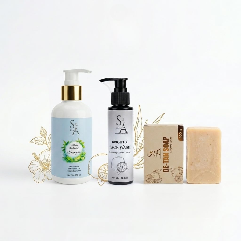 Solura Skin Care Combo | Hibiscus Anti-Dandruff Shampoo 200ml + Bright-X Face Wash 100ml + De-Tan Handmade Soap 100g | Complete Daily Care Kit-image-35