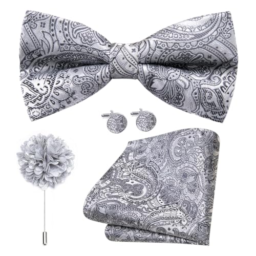 Image of Dubulle Mens Paisley Striped Bowtie Set Pre-tied Bowtie for Men and Pocket Square Set Wedding Business