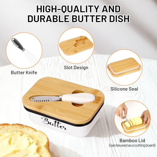 Miniatura 4 de Tosutomantequillera - Mantequillera Con Tapa De Madera Y Cuchillo Integrado,Plato De Mantequilla De 450g Con Tapa De Madera,Mantequilleras Multiusos Para Mantequilla Para Cocina Y Como Regalo Blanco