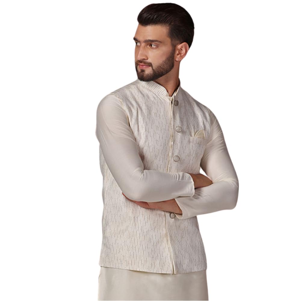 kisah Men's Nehru Jacket, Off white Cotton Blend, Embellished Regular Fit Mandarin Collar Sleeveless-picture-34
