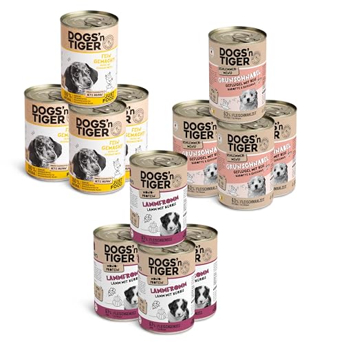 Dogs’n Tiger Junior Hundefutter, Nassfutter, Getreidefrei ohne Zuckerzusatz & künstliche Konservierungsstoffe, optimale Verträglichkeit, Mixpaket Happy Puppy, Welpen Futter, Geflügel & Lamm, 12x 400g