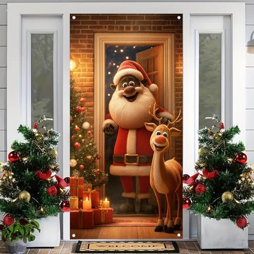 Image of BlissYard Christmas Door Banner Reindeer Santa 35x71 Inch Polyester