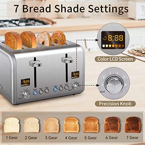 Seedeem 4 Slice Toaster, Stainless Steel Bread Toaster With Colorful Lcd Display, 7 Bread Shade Settings, 1.5'' Wide Slots Toaster With Bagel/Defrost/Reheat Functions, Removable Crumb Tray, Silver Metallic, 1800W #TOP2