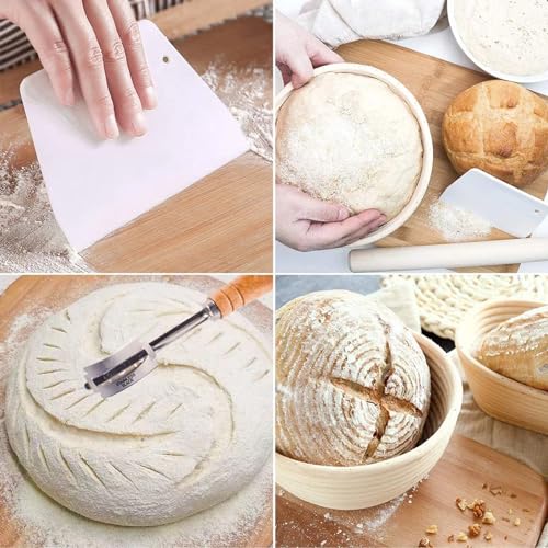 Image of Dimpola Banneton Bread Proofing Basket Banneton Basket Set Sourdough Proofing Basket Round Proofing Bowls Handmade Rattan Baskets and Liners (Oval & Round Baking Set)