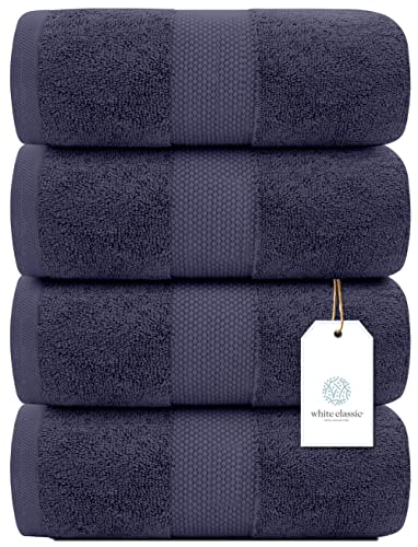 Image of White Classic Luxury Bath Towels Set of 4 Large - 700 GSM Cotton Ultra Soft Bath Towels 27x54 | Highly Absorbent and Quick Dry | Hotel Towels for Bathroom Luxury, Plush Shower Towels, Navy