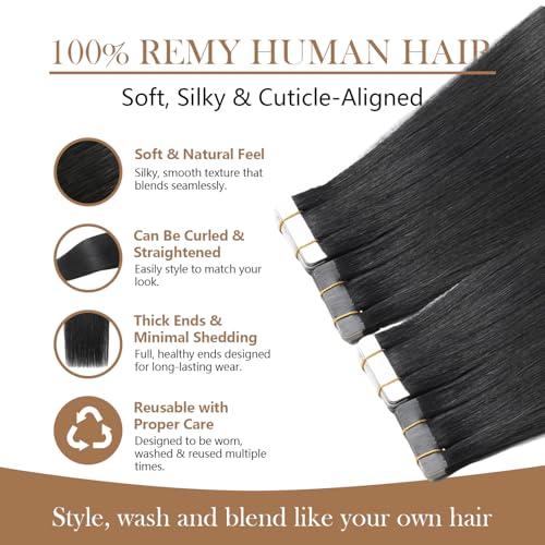 Image of Tape In Hair Extensions Human Hair 24 Inch #1 Jet Black