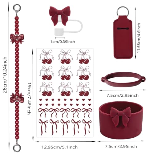 Image of House of Quirk 6 Accessories Set Silicone Straw Cover, Cup Boot, Handle Chain, Handle Strap, Sticker 40oz & 30oz Tumbler (Bow Maroon, Tumbler Not Included)