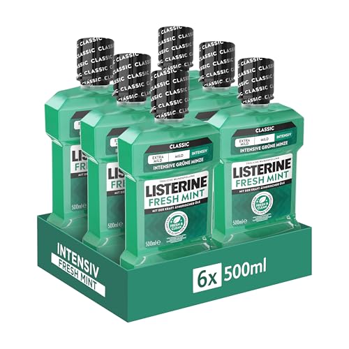 Listerine Fresh Mint (6 x 500 ml), antibakterielle Mundspülung mit ätherischen Ölen für einen frischen Atem, Mundwasser für die tägliche Anwendung