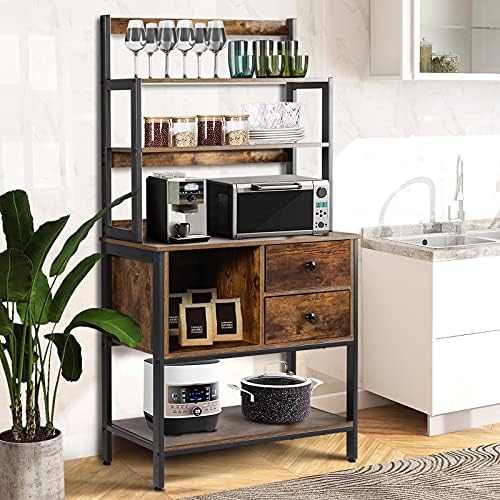 YGBH 5-Tier Kitchen Bakers Rack with Hutch, Coffee Station, Microwave Oven Stand, Utility Storage Rack for Home Office, Rustic Brown and Black (Retor Brown), 31.5''L x 15.7''W x 64.2'' H