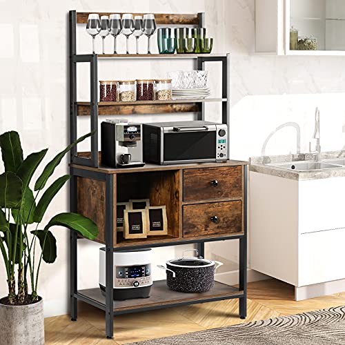 Ygbh 5-Tier Kitchen Bakers Rack With Hutch, Coffee Station, Microwave Oven Stand, Utility Storage Rack For Home Office, Rustic Brown And Black (Retor Brown), 31.5''L X 15.7''W X 64.2'' H #TOP13