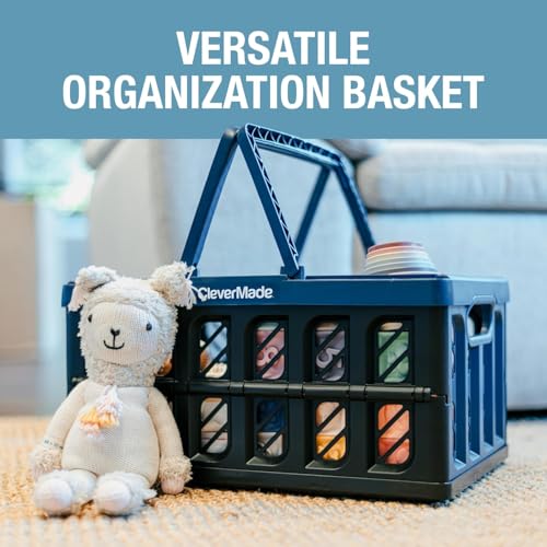 CleverMade Collapsible Shopping Basket, 24L Storage Crate, 1 Pack, Stone