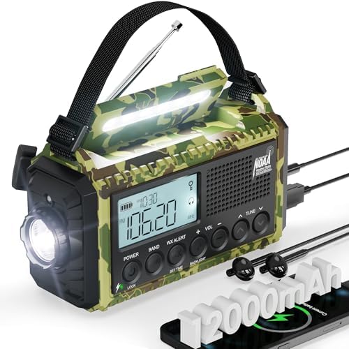 Hand Crank Emergency Radio, 12000mAh/44400mWh Battery Powered Long Runtime, AM/FM/Shortwave/NOAA Alert, Loud SOS,Flashlight,Phone Charger,Portable Rechargeable Solar Weather Radio for Power Outages