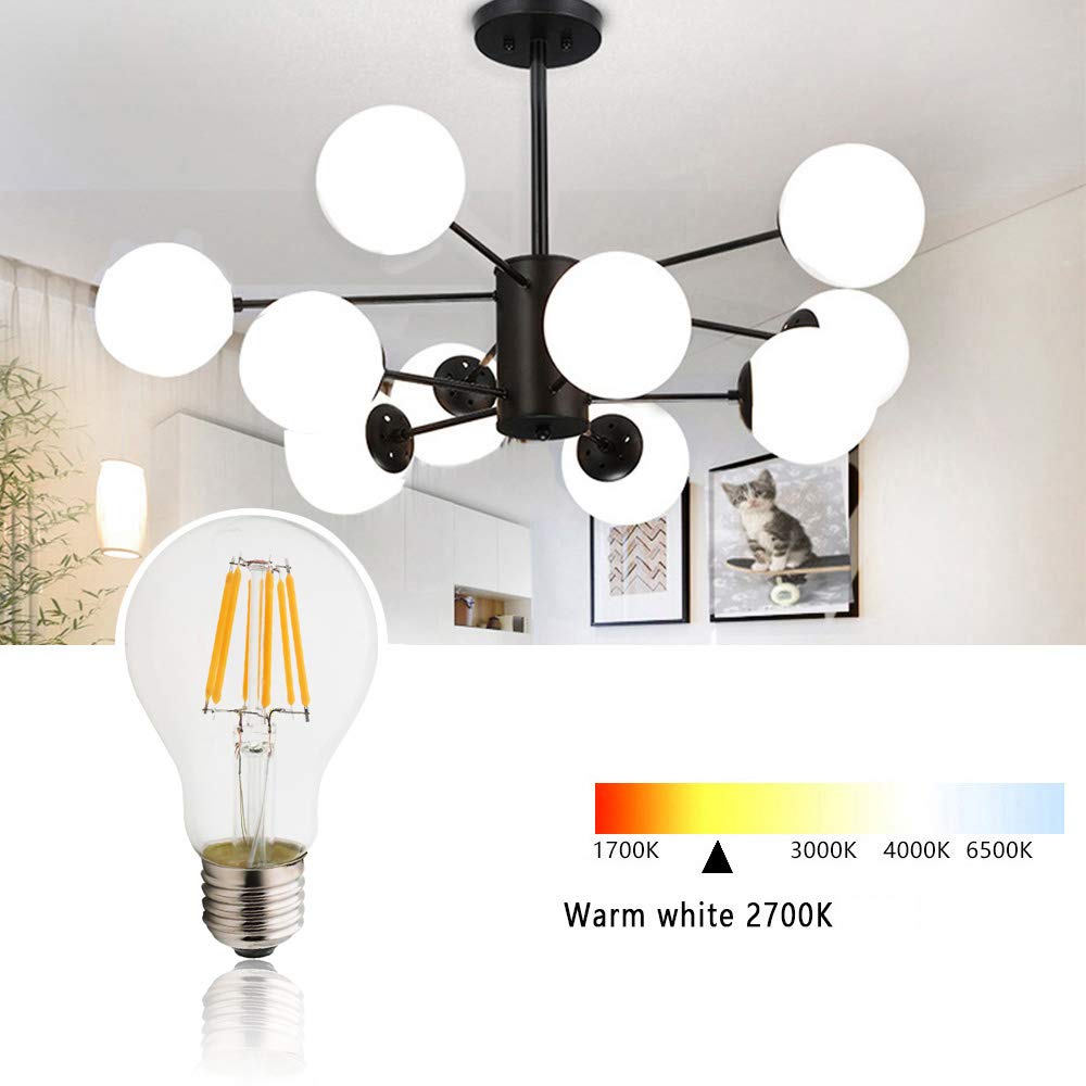 Generico Lampadine a filamento LED da 6 W, Attacco a Vite Edison E27, equivalenti a 60 W a incandescenza, Bianco Caldo 2700 K, lampadine a Globo in Vetro A60, Confezione da 10 lampadine