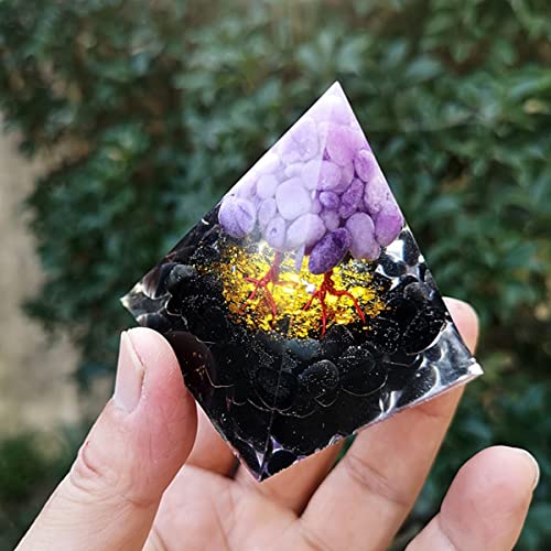 ZTBH Crystal Pyramid 6cm Orgone Pyramid Amethyst and Obsidian Tree of Life Healing Meditation Energy Pyramid Healing Crystals