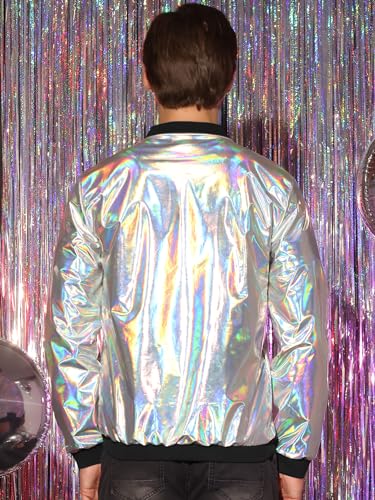 Image of Lars Amadeus Metallic Varsity Silver Holographic Jacket for Men's Zip Up Long Sleeves Shiny Silver Bomber Jacket Large