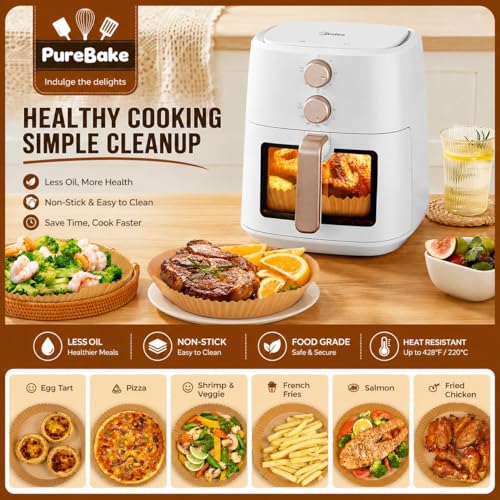 Image of PureBake 100 Pcs Air Fryer Paper Sheets, Disposable Paper Liner, Parchment Paper for Airfryer & Microwave, Oil Proof for Frying, Baking, Cooking, Roasting (Square, 8 Inch)