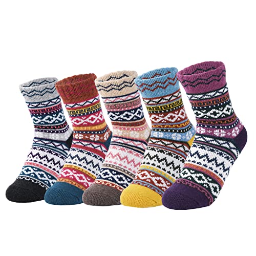 5 Pairs Wool Socks - Warm Cozy Crew Wool Socks for Women, Wool Socks Women, Womenâ€™s Warm Winter Socks, Womens Vintage Socks, Thick Knit Cabin Cozy Wool Socks Gifts for Women
