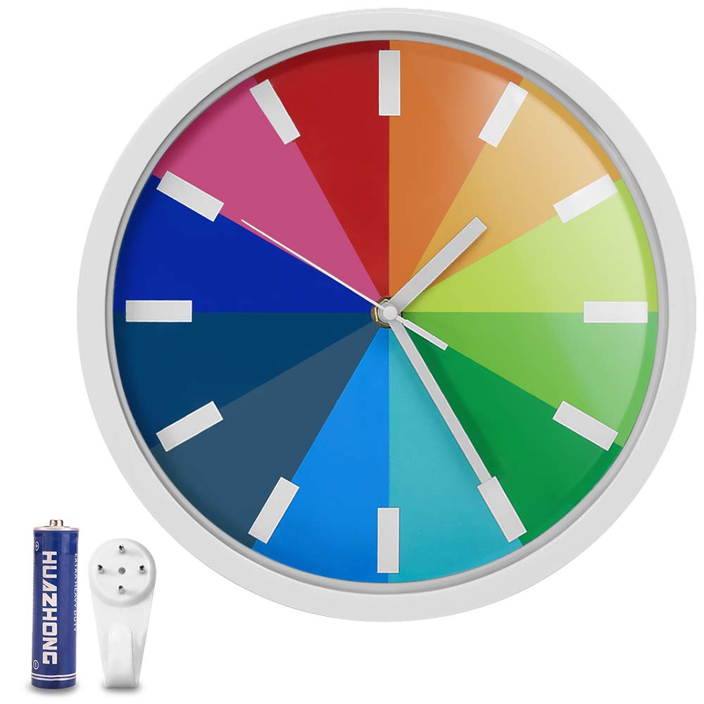 Cesun Wall Clock Silent Non Ticking - 10 Inch Quality Quartz Battery Operated Wall Decor Easy to Read Living Room, Kitchen, Bedroom, Office Clock, Battery Included (White Frame, Rainbow Dial)